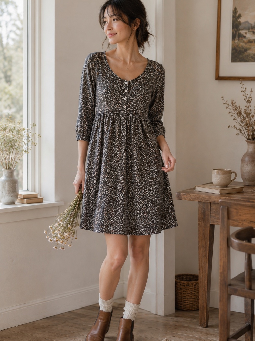 Sunny Clouds Japanese Floral Babydoll Dress Size M Cottagecore Boho Casual